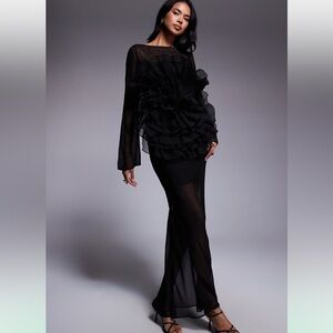 ASOS DESIGN long sleeve sheer maxi dress with oversized floral ruffle